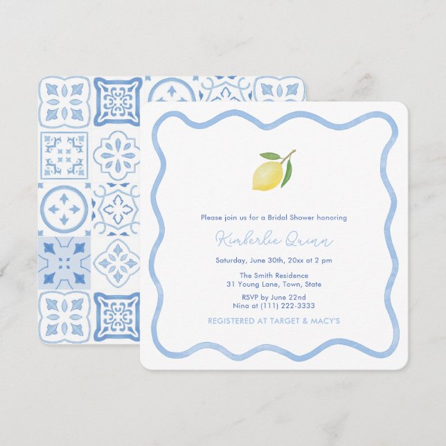 Blue And White Wavy Border Lemon Bridal Shower Invitation (Front/Back)