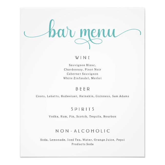 Blue and White Wedding Bar Menu Poster (Front)