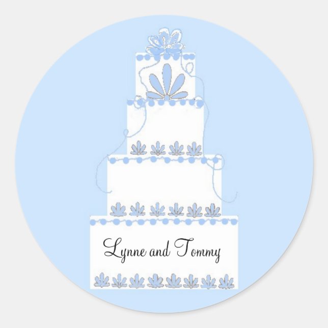 Blue and White Wedding Cake Classic Round Sticker (Front)