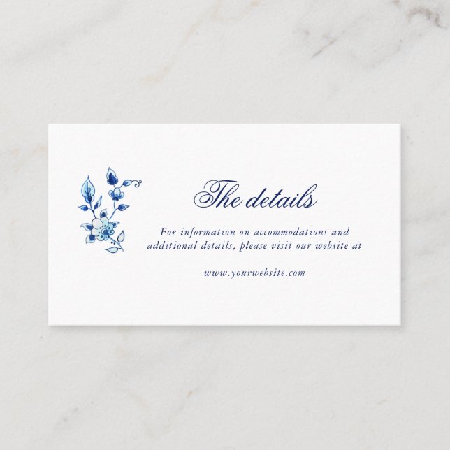 Blue and white wedding details card (Front)