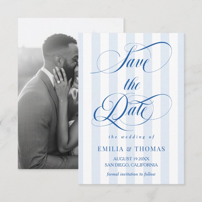 Blue and White Wedding Photo Save The Date (Front/Back)