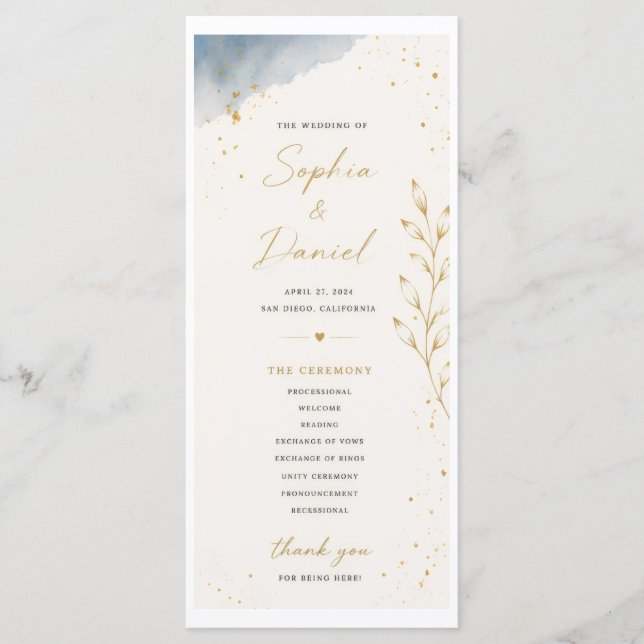 Blue and White Wedding Program with Leaves (Front)