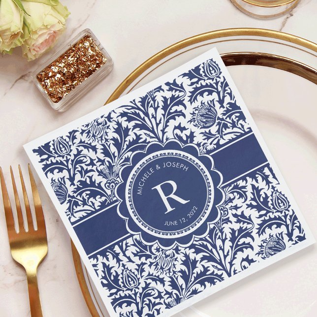 Blue and White Wedding William Morris Monogram Napkin (Creator Uploaded)