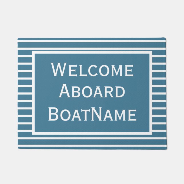 Blue and White Welcome Aboard Boat Doormat (Front)