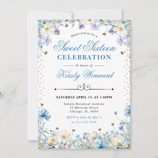 Blue and White Wildflowers Forget Me Nots Sweet 16 Invitation (Front)