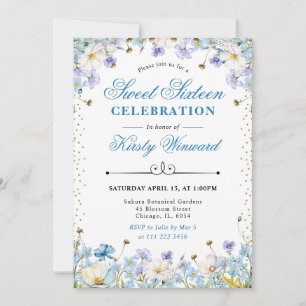 Blue and White Wildflowers Forget Me Nots Sweet 16 Invitation