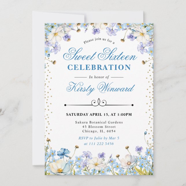 Blue and White Wildflowers Forget Me Nots Sweet 16 Invitation (Front)