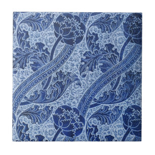 Blue and White William Morris Style Floral Ceramic Tile