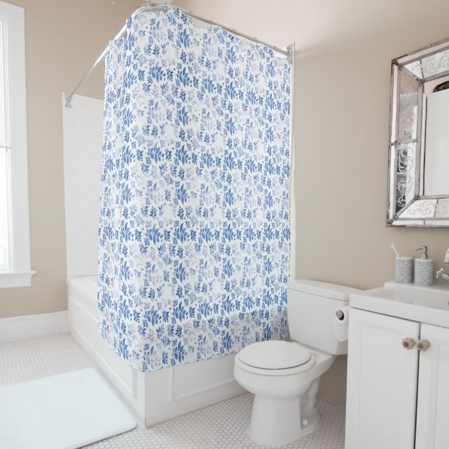 Blue and white willow leaf chequerboard pattern shower curtain (In Situ)