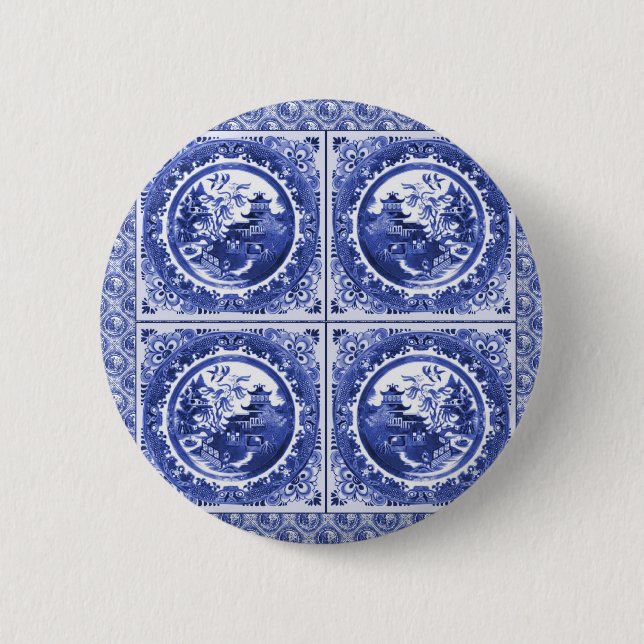 Blue and white, willow pattern design 6 cm round badge (Front)