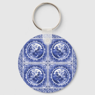 Blue and white, willow pattern design key ring