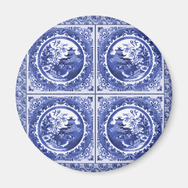 Blue and white, willow pattern design magnet (Front)