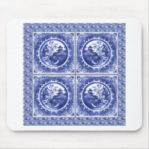 Blue and white, willow pattern design mouse pad