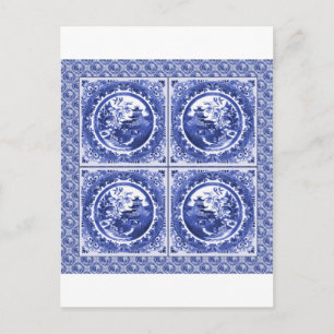Blue and white, willow pattern design postcard