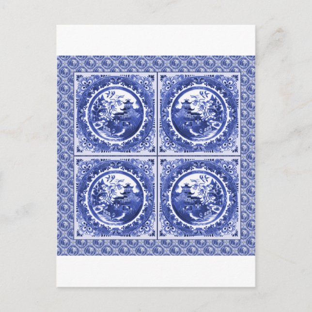 Blue and white, willow pattern design postcard (Front)
