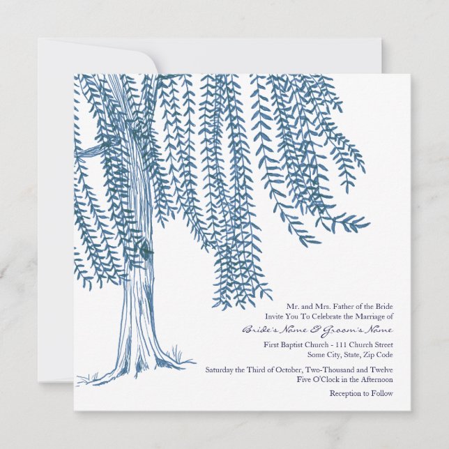 Blue and White Willow Tree Wedding Invitation (Front)