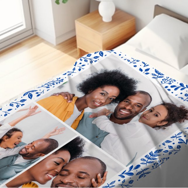 Blue and White Winter Botanical Photo Collage Fleece Blanket (Creator Uploaded)