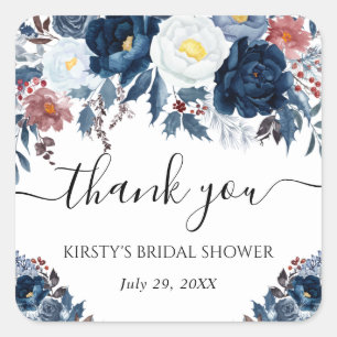 Blue and White Winter Flowers Bridal Shower Square Sticker