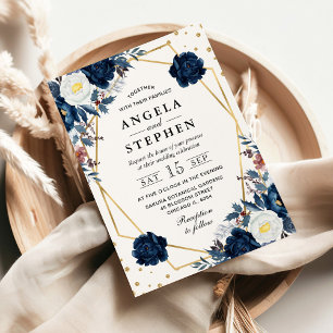 Blue and White Winter Flowers Gold Frame Wedding Invitation