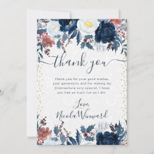 Blue and White Winter Flowers Quinceanera Thank You Card