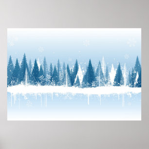 Blue and white winter forest grunge paint design poster