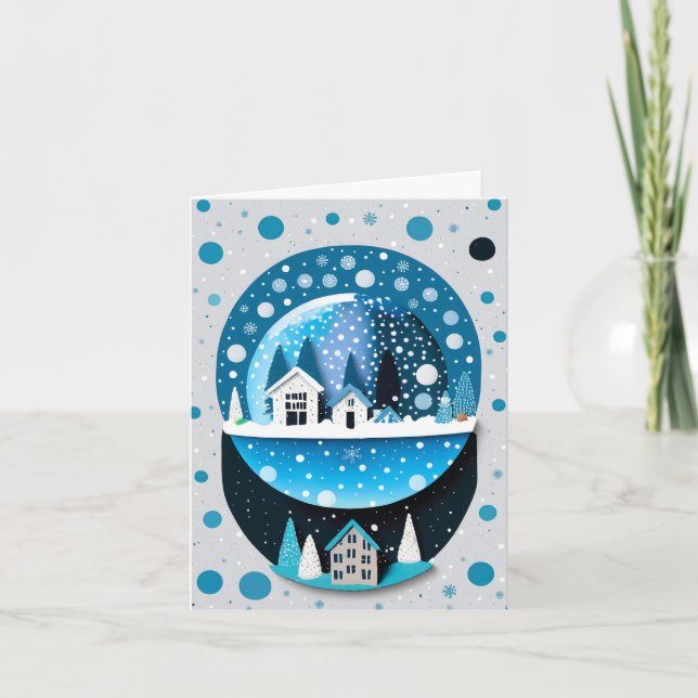 Blue and White Winter Wonderland Houses Snow Globe Invitation (Front)