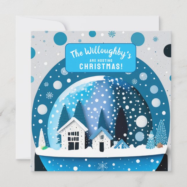 Blue and White Winter Wonderland Houses Snow Globe Save The Date (Front)