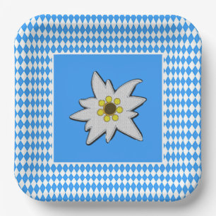 Blue and White with Edelweiss Oktoberfest Paper Plate