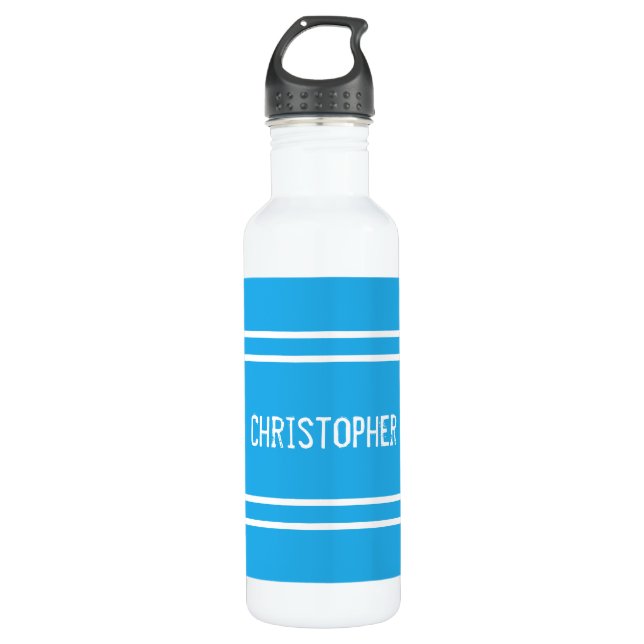 Blue and white with name and stripes 710 ml water bottle (Front)