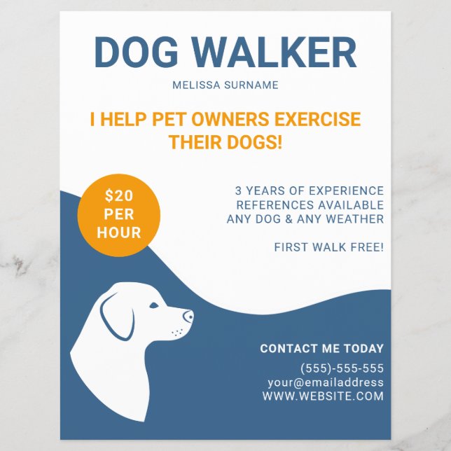 Blue And White With Orange Dog Walker Template Flyer (Front)