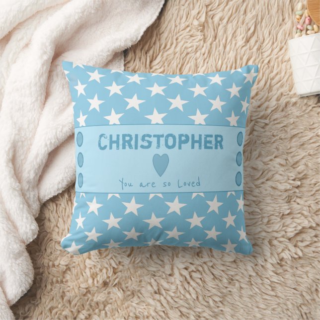 Blue and white with stars and name cushion (Blanket)