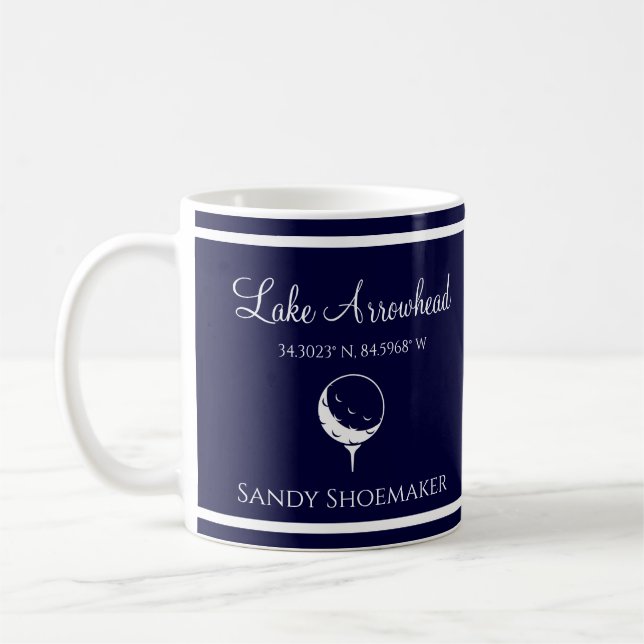Blue and White with your lake's name Golfer's Coffee Mug (Left)