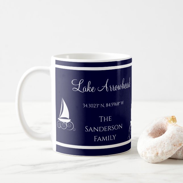 Blue and White with your lake's name  Sailboat Coffee Mug (With Donut)
