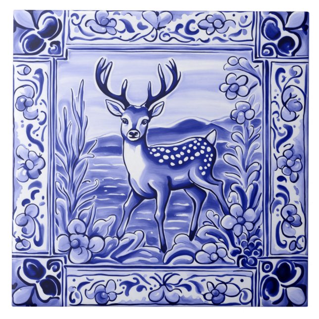 Blue and White Woodland Deer Folk Animal Art Ceramic Tile (Front)