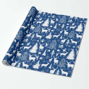 Blue And White Woodland Forest Reindeer Wrapping Paper