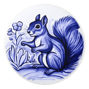 Blue and White Woodland Squirrel Folk Animal Art Ceramic Knob