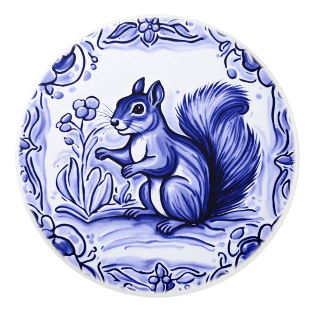 Blue and White Woodland Squirrel Folk Animal Art Ceramic Knob (Front)