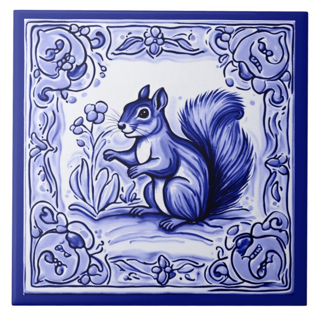 Blue and White Woodland Squirrel Folk Animal Art Ceramic Tile (Front)