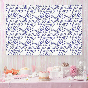 Blue and white wrapping paper featuring a graphic  banner