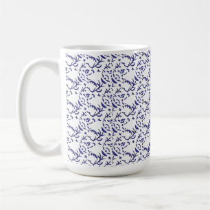 Blue and white wrapping paper featuring a graphic coffee mug