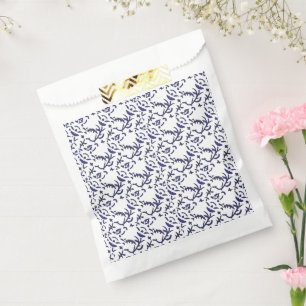 Blue and white wrapping paper featuring a graphic favour bag