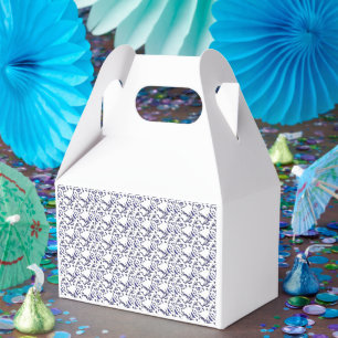 Blue and white wrapping paper featuring a graphic favour box
