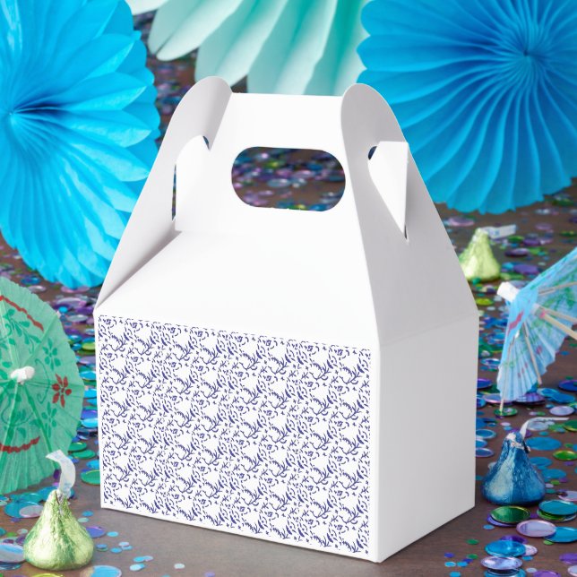 Blue and white wrapping paper featuring a graphic  favour box (Party)