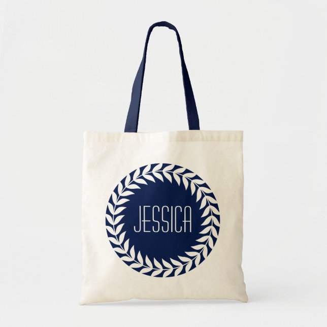 Blue And White Wreath With Customisable Monogram Tote Bag (Front)