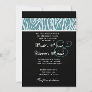 Blue and White Zebra Wedding Metallic Paper Invitation