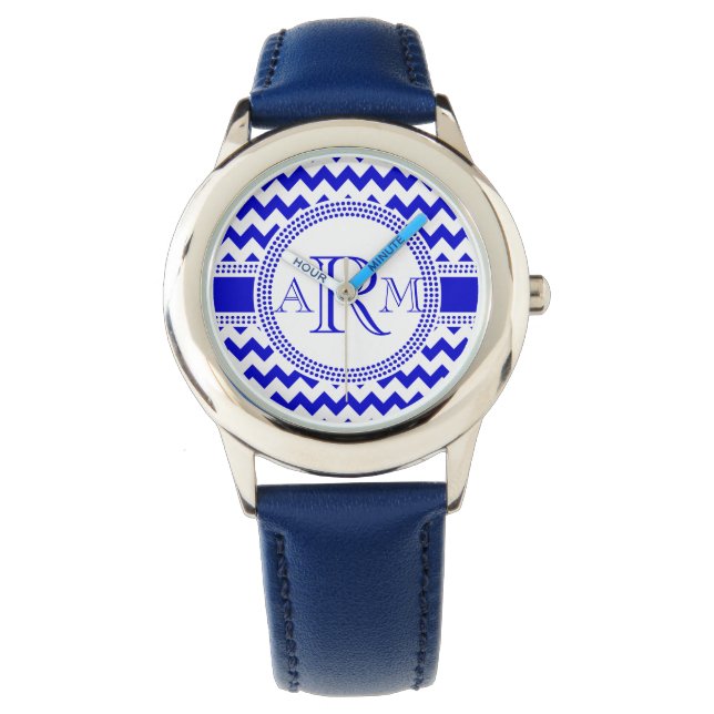 Blue and White ZigZag Chevron Monogram Watch (Front)