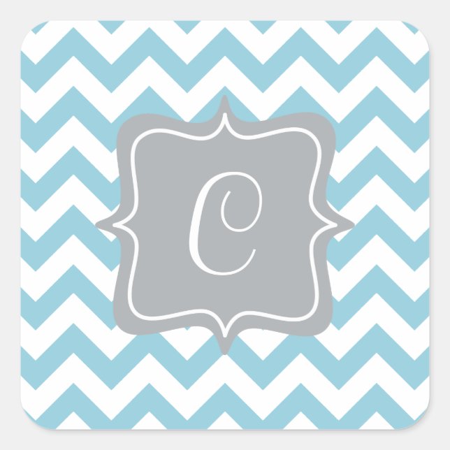 Blue and White Zigzag Monogram Square Sticker (Front)