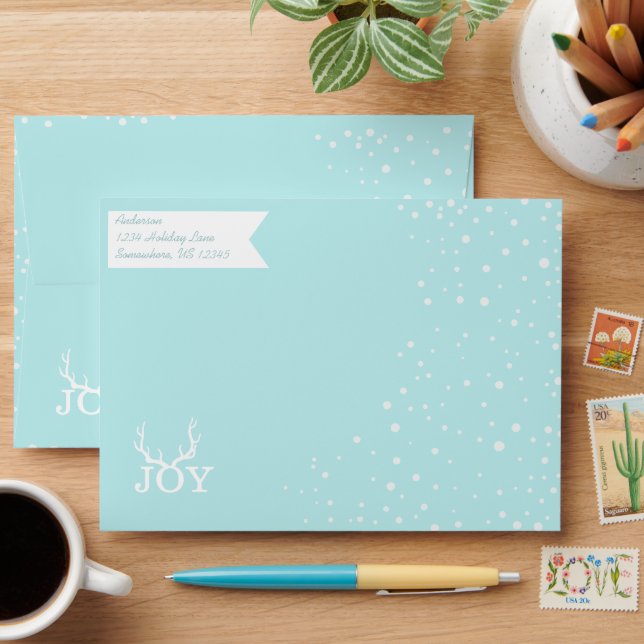 Blue and WhiteAqua Joy Deer Antler Merry Christmas Envelope (Desk)