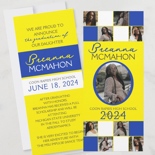 Blue and Yellow 9 Photo Graduation Announcement (Elegant 9 Photo Graduation Double Sided Announcements in Yellow Blue and White)