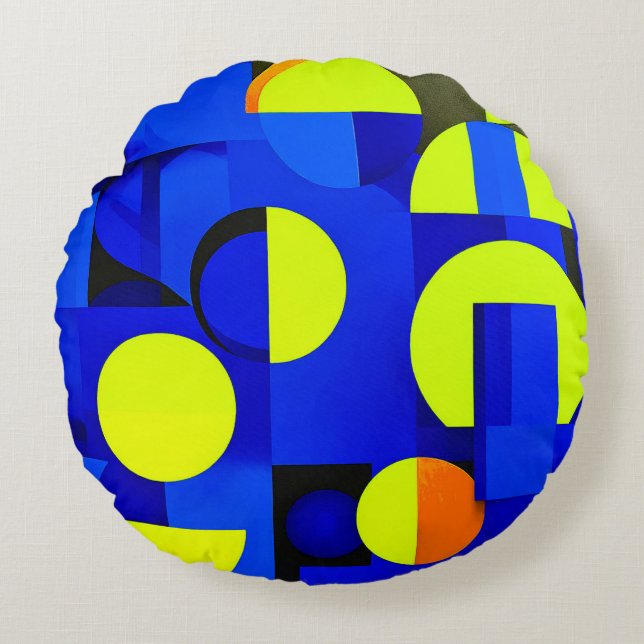 Blue and yellow abstract blocks round cushion (Front)